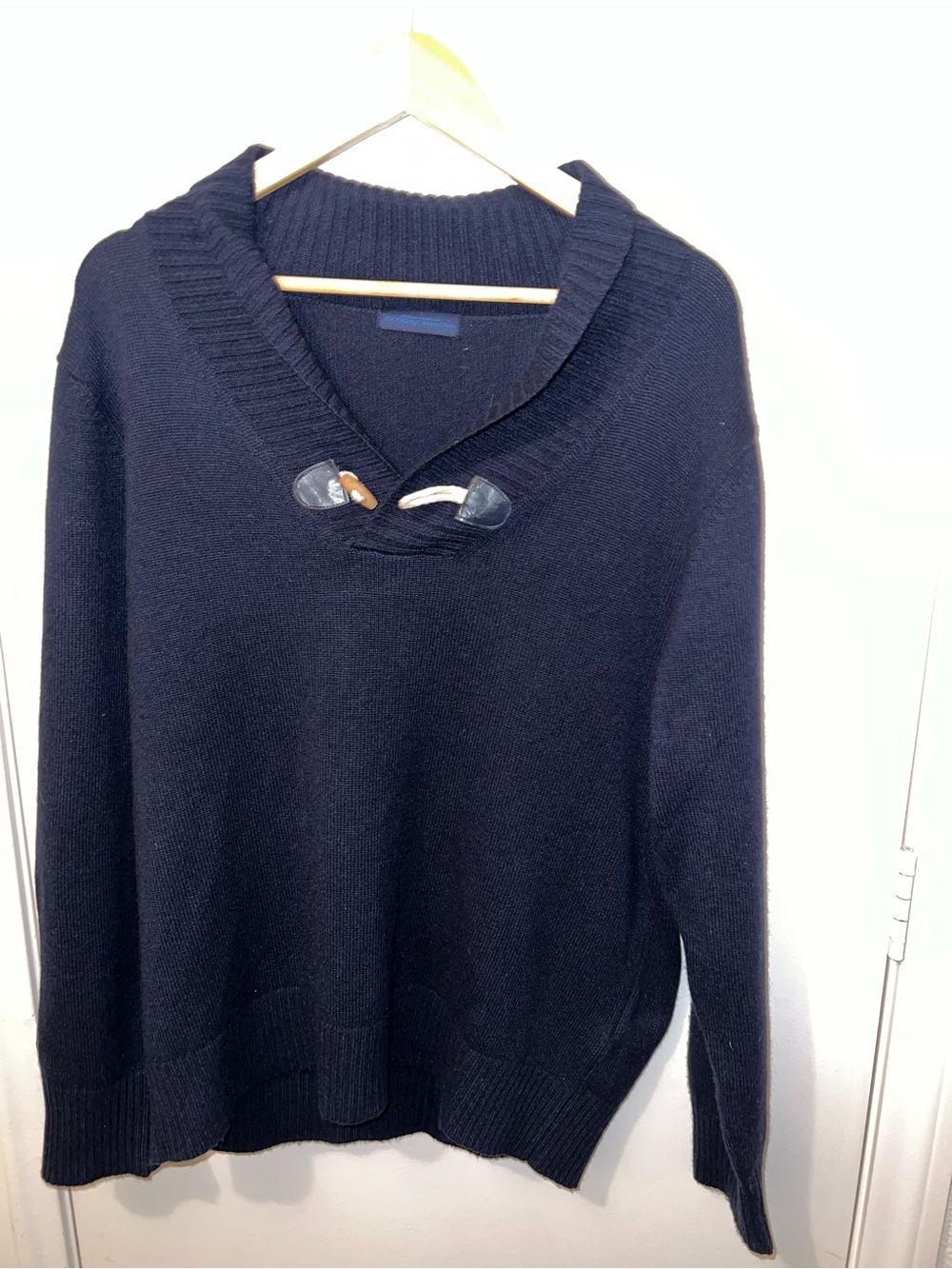 Men's Navy Cashmere Shawl V-Neck Sweater with Toggle